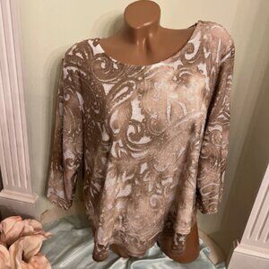 Alfred Dunner. Sz PXL. Tan White Textured Pullover. Layered. Asymmetrical. B65